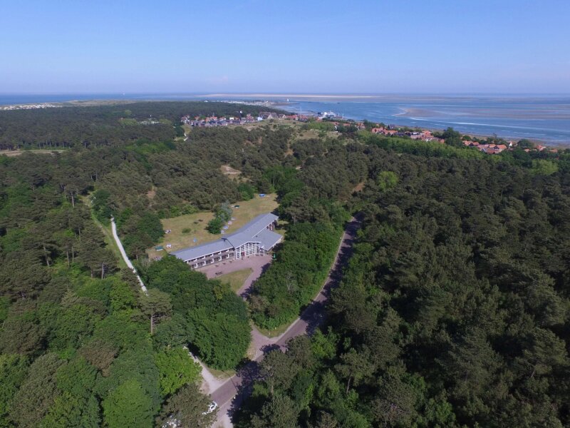 Luchtfoto van Donia Huys temidden van bos op Vlieland met het dorp en de Waddenzee op de achtergrond.