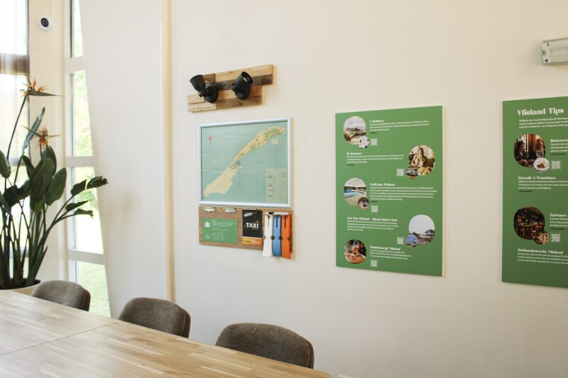 interieur-donia-huys-vlieland-met-tafel-stoelen-en-informatiemuur-met-kaart-en-tips.